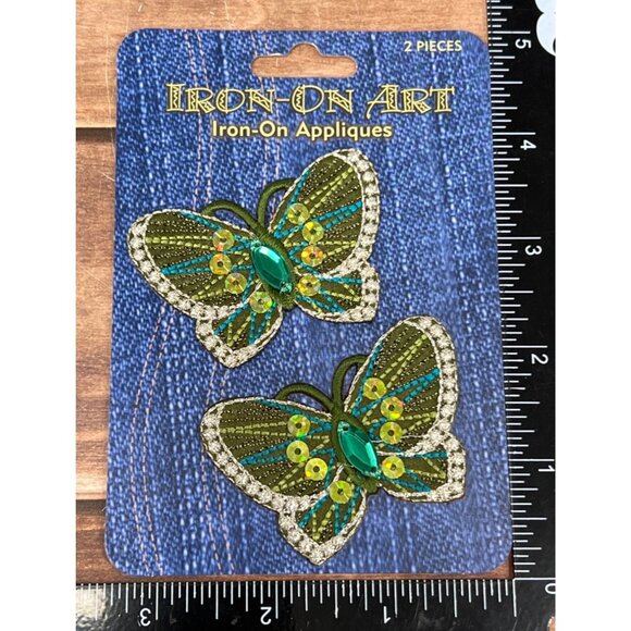 HORIZON GROUP Green BLUE Butterfly Iron On Appliques W Rhinestone EMBELLISHMENT - Picture 2 of 3